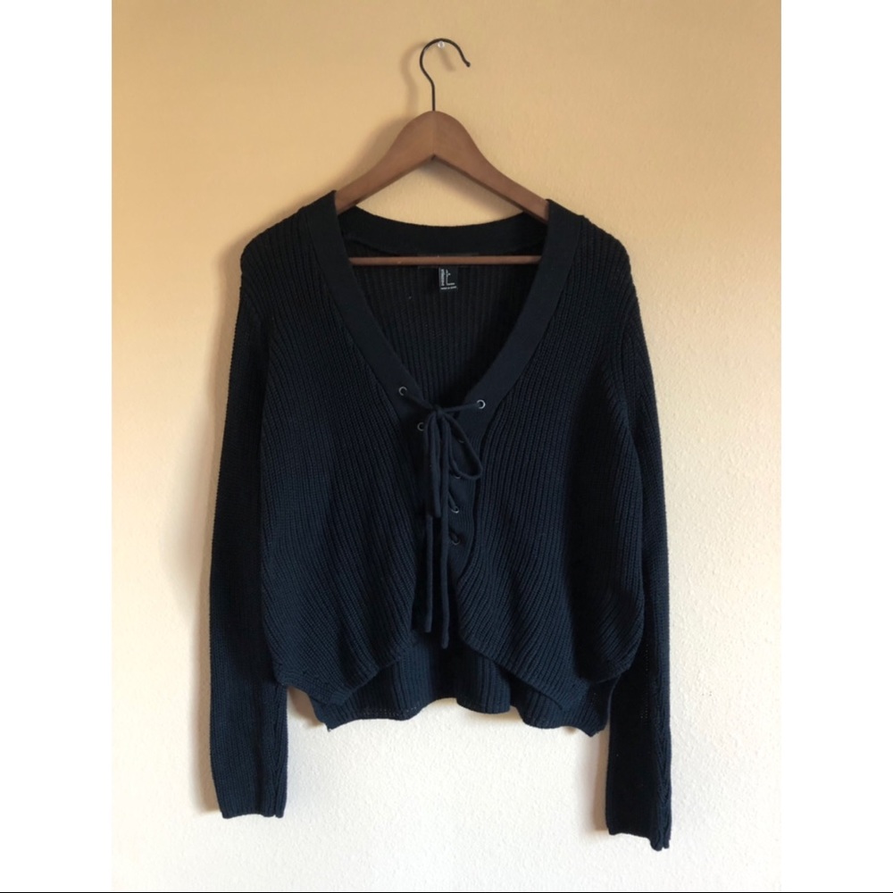 Black Lace-Up Cropped Sweater